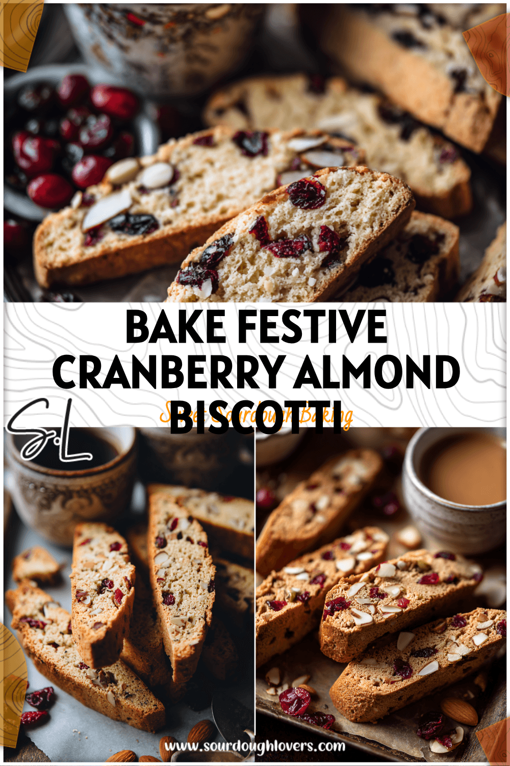 Golden Cranberry Almond Biscotti on a tray next to coffee cups and dried cranberries. 26
